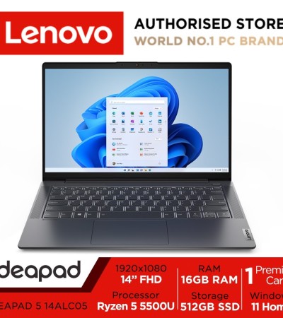 Lenovo IdeaPad 5 14ALC05 | 14inch FHD (1920x1080) 300nits | AMD Ryzen 5 5500U | 16GB RAM | 512GB SSD | 1.39Kg | Graphite Grey Color | Win 11 Home | 1Y Premium Care